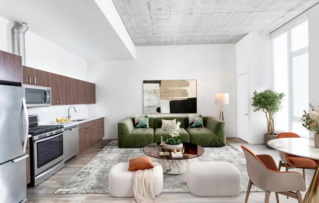 A bright apartment home with concrete ceilings, expansive windows, and an open kitchen layout that allows space to shape around your lifestyle.