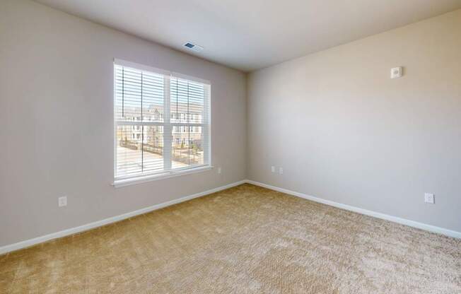 a bedroom with carpet and a window