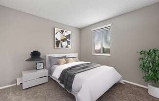 A bedroom with a white bed and a plant on the side table.