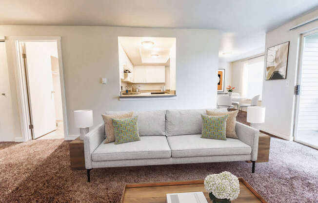A living room with a grey couch and a coffee table.