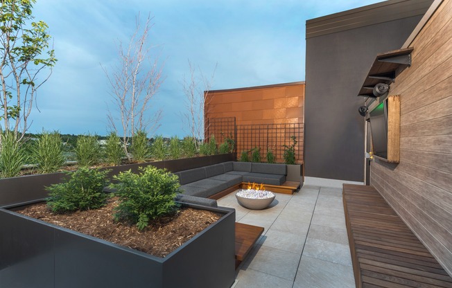 Rooftop deck with greenery, firepits, and lounge seating