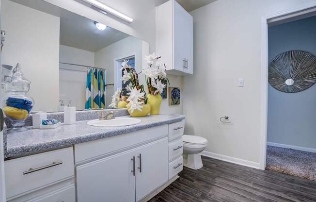 A bathroom with a white sink and a white toilet.