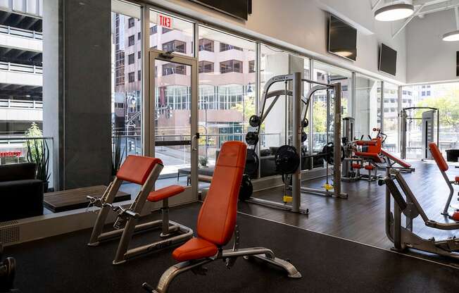 fitness center at Sky on Main in Kansas City, MO