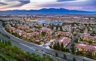 aerial shot of capriana apartments and chino hill neighborhood at Capriana at Chino Hills, Chino Hills, California