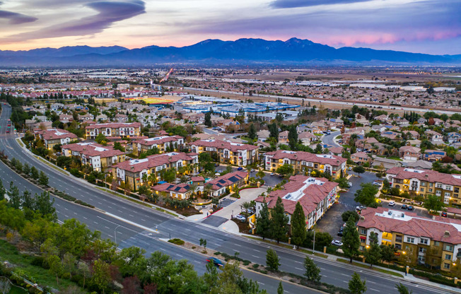 aerial shot of capriana apartments and chino hill neighborhood at Capriana at Chino Hills, Chino Hills, California