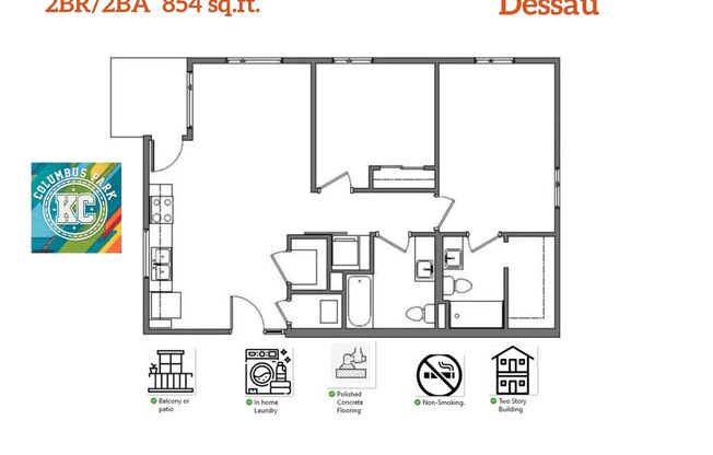 2 beds, 2 baths, 854 sqft, $1,524, Unit 2-101