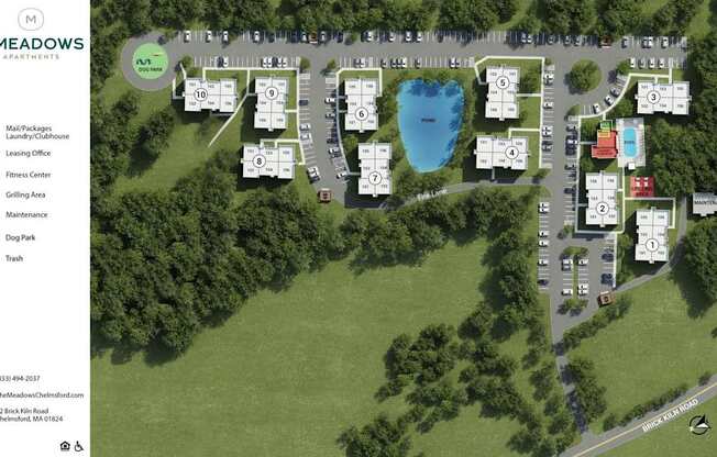 A map of the Meadows Apartments showing the layout of the buildings and amenities.