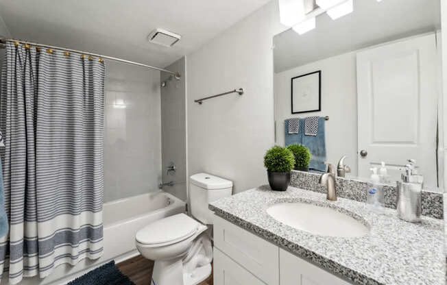A bathroom with a white toilet, sink, and shower.