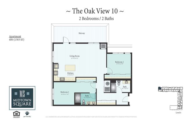 2 beds, 2 baths, 1,303 sqft, $3,850, Unit 400