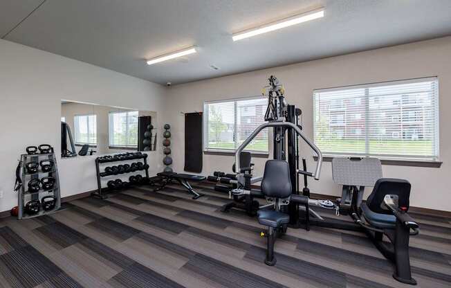A well-equipped gym with a variety of exercise machines and weights.