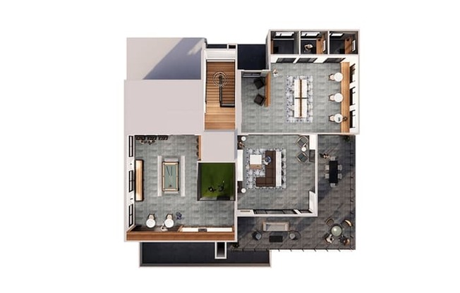 A floor plan of a house with a kitchen, living room, and two bedrooms.