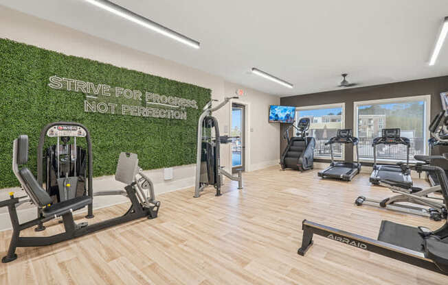 A gym with a green wall that says "Strive for progress not perfection" and a row of treadmills.