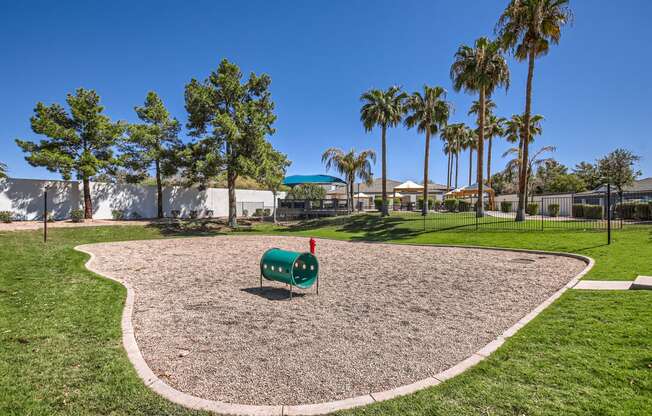 a dog park with a gravel path and trees in the background