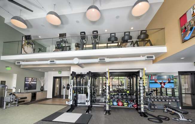 a workout room with weights and cardio equipment in a building