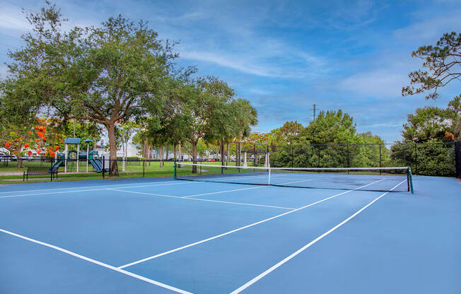 A blue tennis / pickleball court surrounded by trees l at Floresta apartments in Jupiter, FL