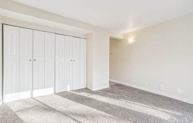 A room with a carpeted floor and a white wall with a row of cupboards.