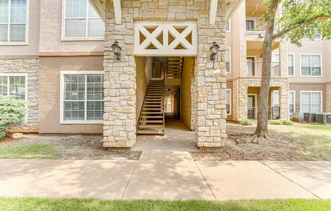 A stone building with a wooden entrance.
