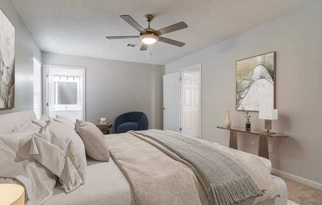 Master bedroom in neutral colors at Elme Marietta Apartments, Marietta, GA, 30067