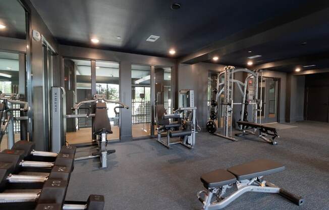 a gym with a lot of equipment and mirrors