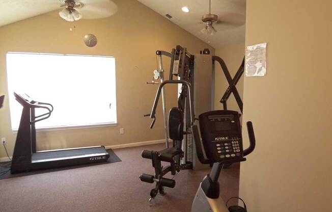 Fitness area with a large window and a treadmill at Maple Tree Apartments in LaPorte, IN