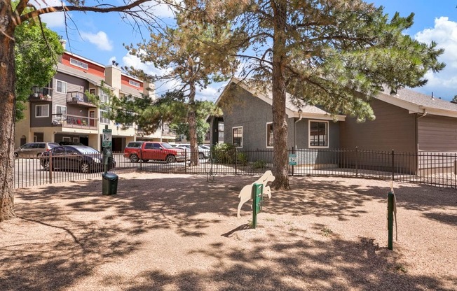 A dog is standing in a sandy area in front of a house.