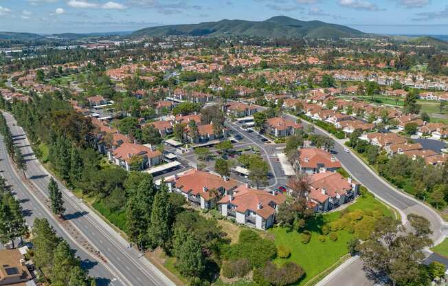 an aerial view of a neighborhood with red roofs and green grass