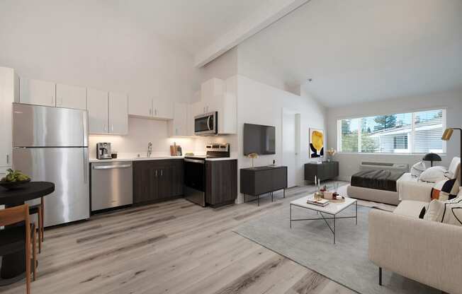 a living room with a couch and a table at Track 281 Apartments, California