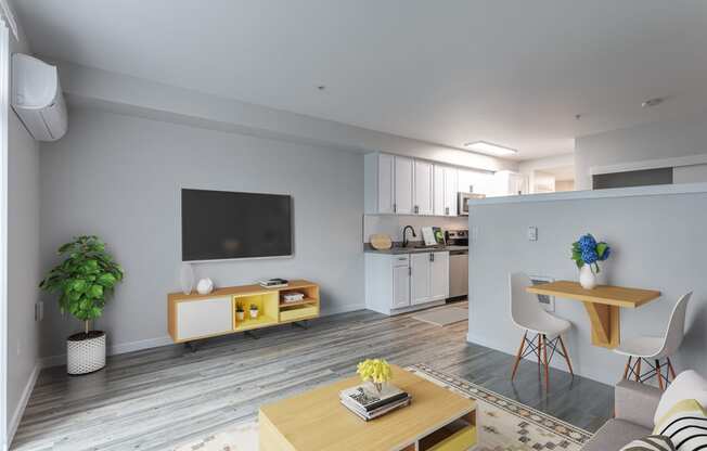 a view of the living room and kitchen in a 555 waverly unit