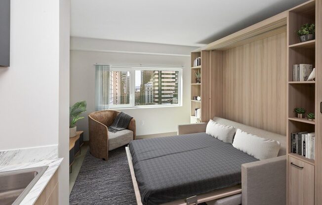 Model apartment with murphy bed down