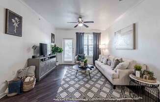 A living room with a couch, a coffee table, and a television.