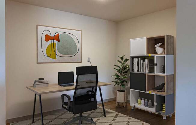 A room with a desk, chair, and a painting on the wall.