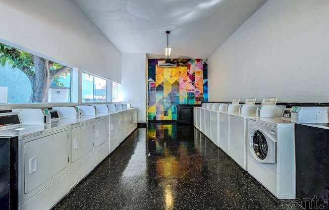 A laundromat with a row of washers and dryers.