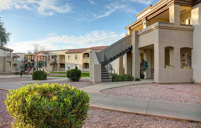 A building with a staircase leading to the entrance.