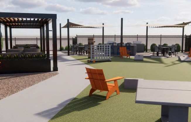 A park with a pavilion, chairs, and a picnic table.