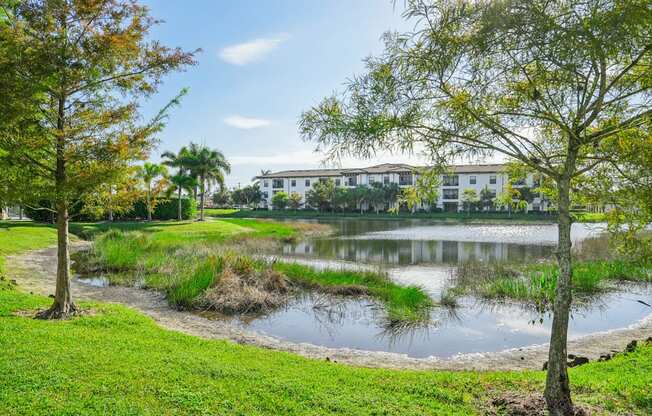 A serene park with a pond, trees, and a building in the background.