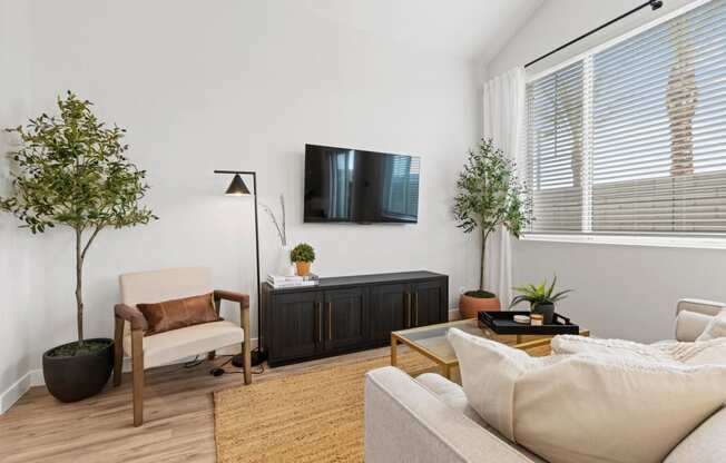a living room with a couch and a tv on the wall at Village of Chandler Apartments, Chandler, AZ, 85249