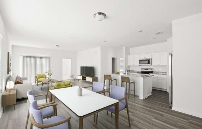 a living room and kitchen with dining tables and chairs