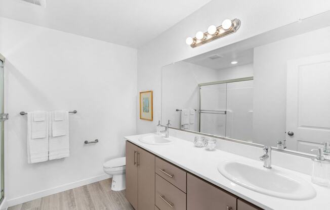 a bathroom with two sinks and a mirror