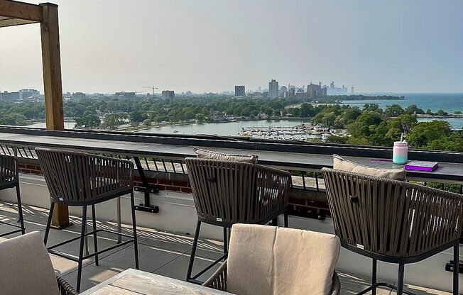 Skydeck/Rooftop with stunning city views of Lake Michigan, Jackson Park, and Downtown Chicago at Park Heights by the Lake Apartments in Chicago, IL 60649