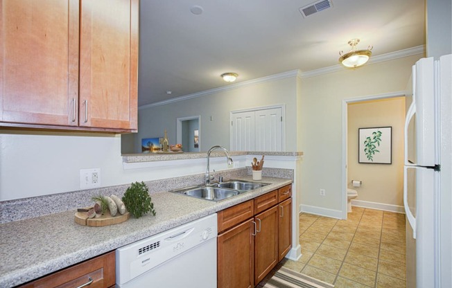 a kitchen with wooden cabinets and a sink