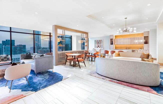 Expansive retreat with skyline-facing seating, intimate gathering areas, and a hospitality-inspired bar overlooking Atlanta.
