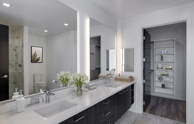 a bathroom with two sinks and a large mirror