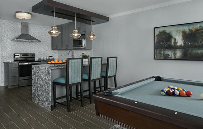 Exciting Pool Table with Bar Kitchen Area