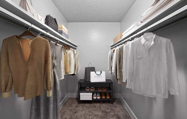 A walk in closet with clothes hanging and a shelf with shoes.