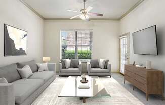 A living room with a grey sofa, a grey armchair, a grey couch, a grey coffee table, a white rug, a white ceiling fan, a white wall, a white door, a white window, a white lamp