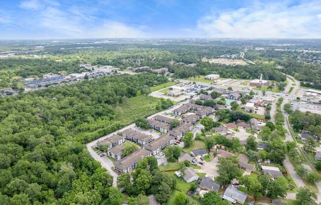 an aerial view of a neighborhood with houses and trees