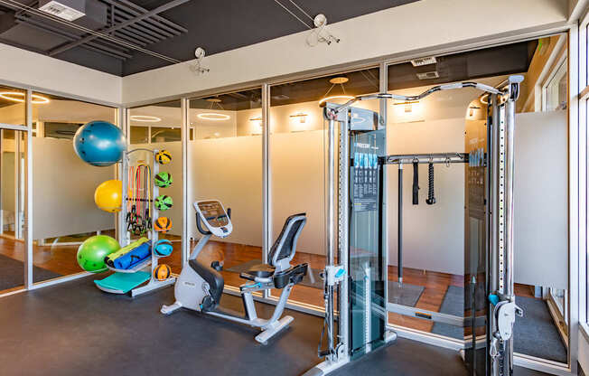 A gym with a treadmill, weights, and exercise balls.