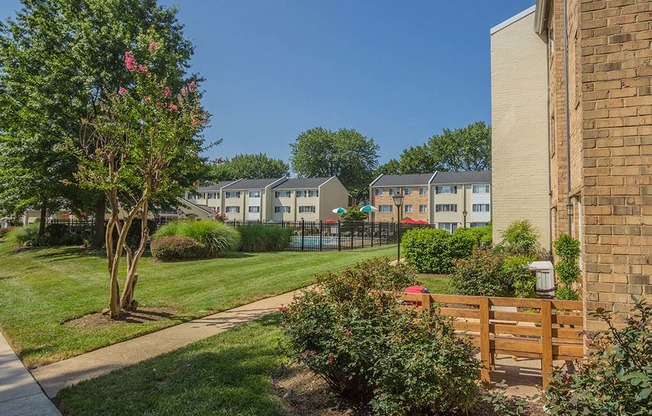 Exterior view of apartment buildings at Tysons Glen Apartments and Townhomes, Falls Church, Virginia