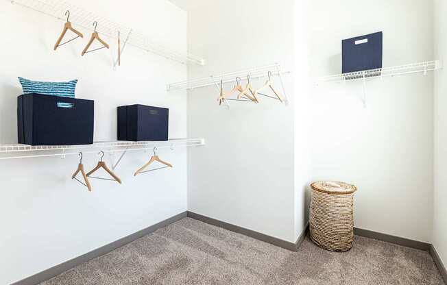 A room with a white wall and a shelf with clothes hangers and a laptop on it.