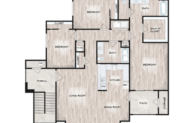 3 beds, 2 baths, 1,344 sqft, $2,195, Unit 102